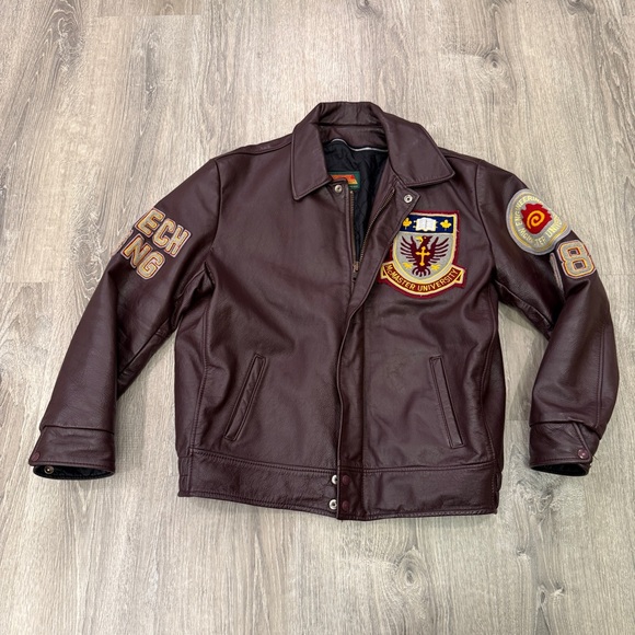 McMaster University Engineering Leather Letterman Bomber Jacket Brown Size 44 - Picture 1 of 10